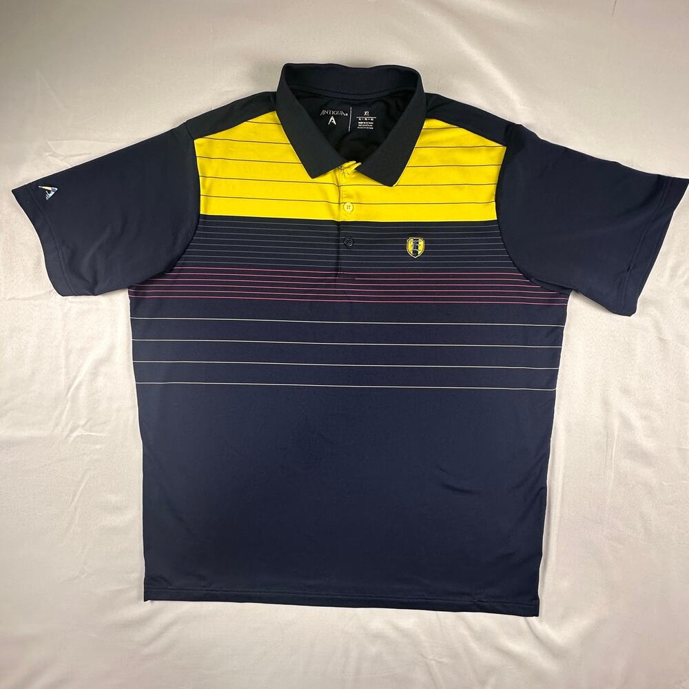 Antigua Nebula Mens XL Golf Polo Navy Yellow Striped Logo